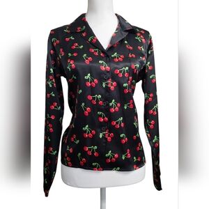 Rave Black Satin Cherry Button Down Shirt